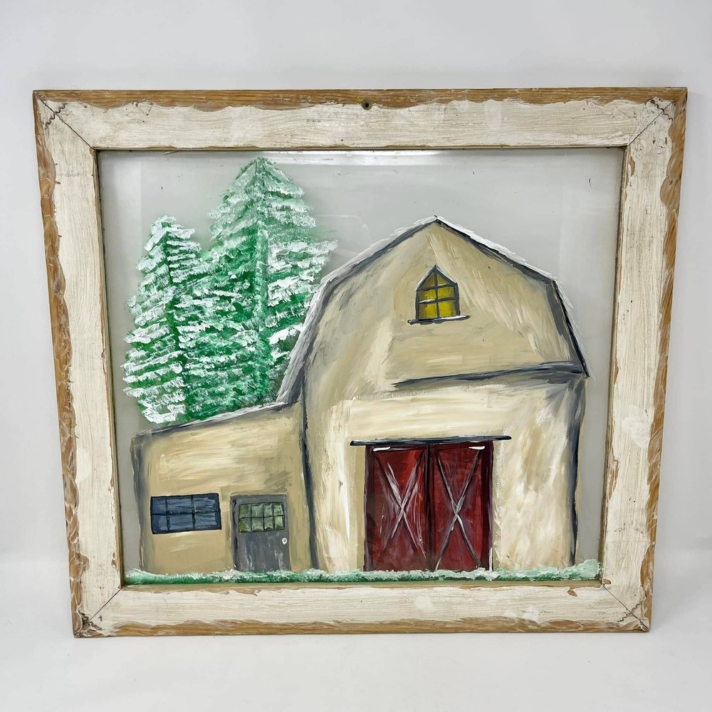 Hand Painted‎ Barn Snowy Trees Old Window 20 x 18 Farmhouse Cottage Winter Decor